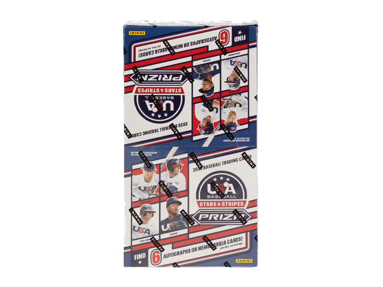 A 2026 Panini USA Stars and Stripes Prizm baseball hobby box in its original packaging.
