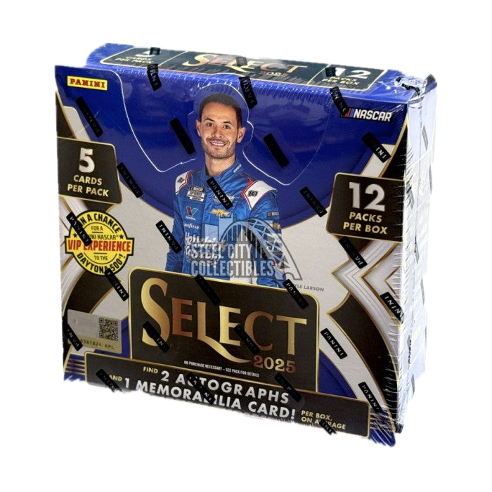 A 2025 Panini Select NASCAR racing hobby box featuring Kyle Larson on the packaging.