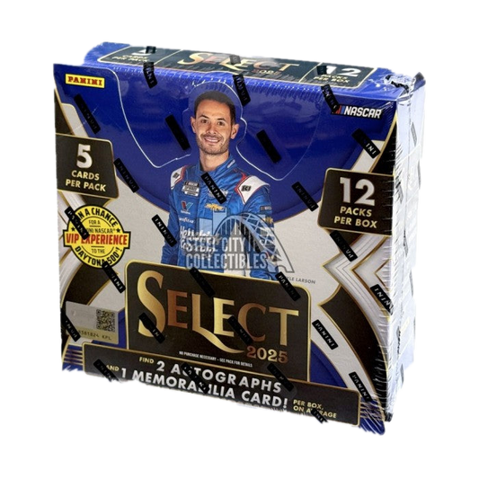 A 2025 Panini Select NASCAR racing hobby box featuring Kyle Larson on the packaging.