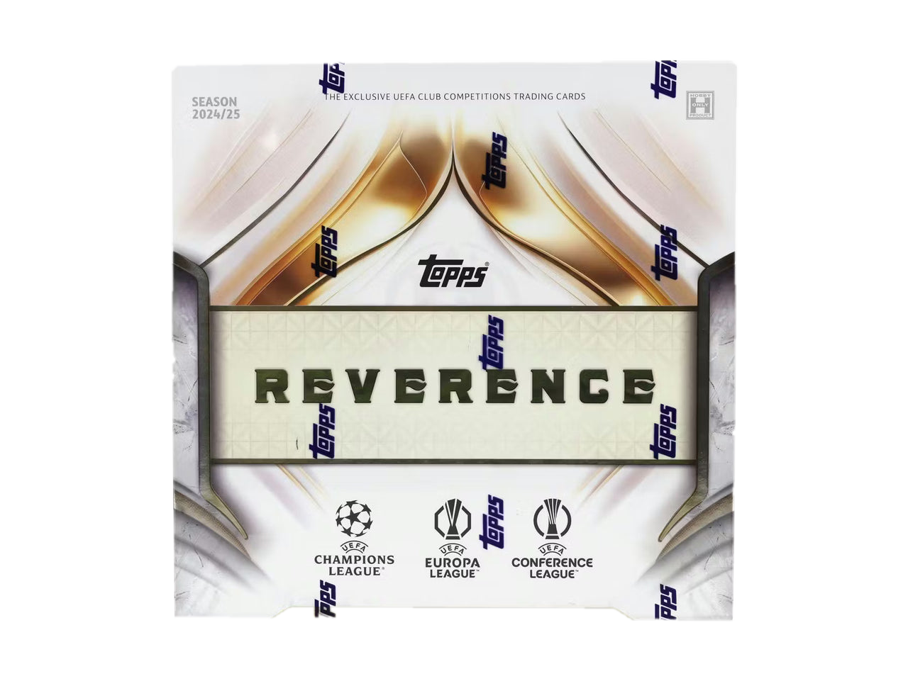 A 2024-25 Topps Reverence UEFA club competitions soccer hobby box with gold and white branding.