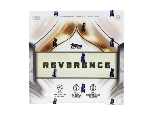 A 2024-25 Topps Reverence UEFA club competitions soccer hobby box with gold and white branding.