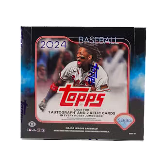 A 2024 Topps Series 1 Baseball hobby jumbo box featuring Ronald Acuna Jr. on the cover.