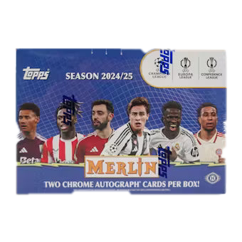 A 2024-25 Topps Chrome Merlin UEFA soccer trading card box featuring various player portraits.