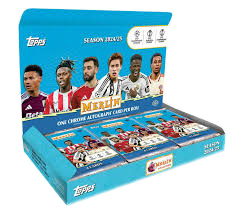A 2024-25 Topps Chrome Merlin UEFA soccer hobby box featuring player imagery on the packaging.