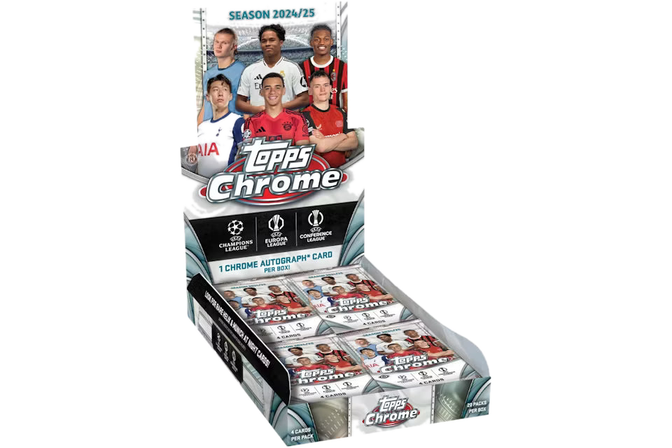 A 2024-25 Topps Chrome UEFA Club Competitions hobby box containing twenty packs of soccer cards.