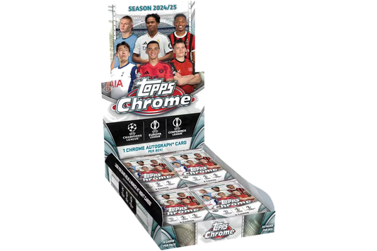 A 2024-25 Topps Chrome UEFA Club Competitions hobby box containing twenty packs of soccer cards.