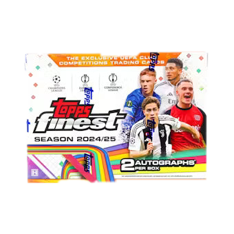 A 2024-25 Topps Finest UEFA Club Competitions soccer hobby box featuring player imagery.