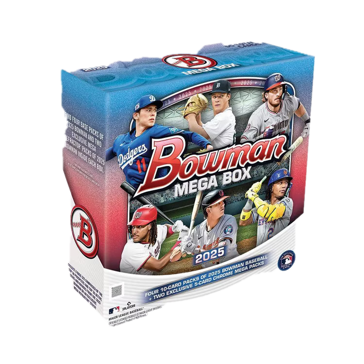 A 2025 Bowman Baseball Mega Box featuring professional baseball players on the packaging.