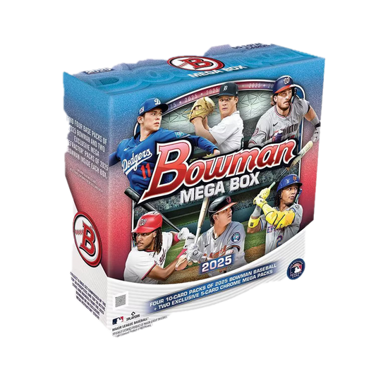 A 2025 Bowman Baseball Mega Box featuring professional baseball players on the packaging.
