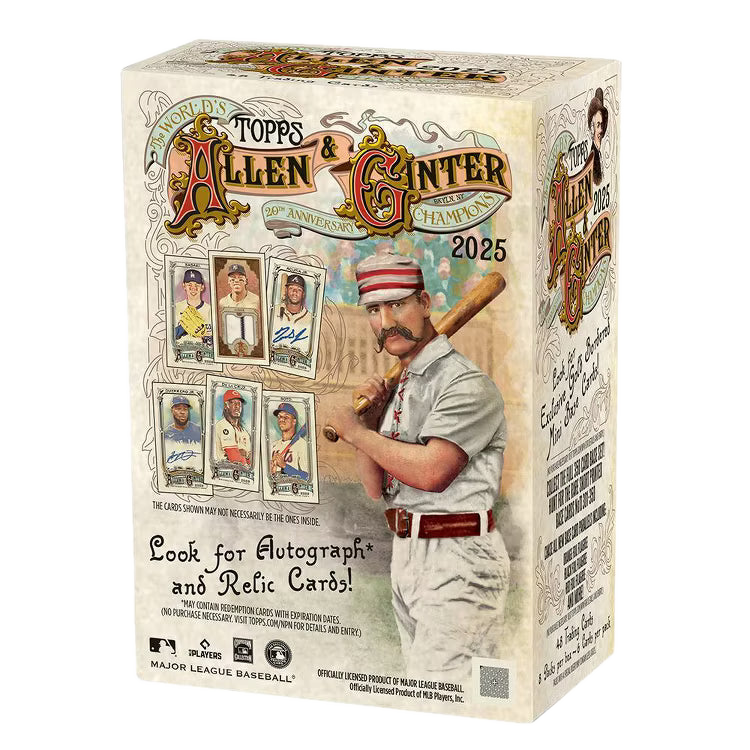 A 2025 Topps Allen and Ginter baseball trading card value box with vintage-style artwork.