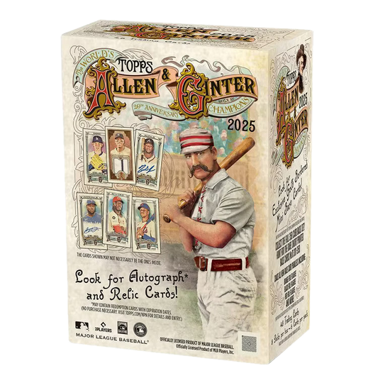 A 2025 Topps Allen and Ginter baseball trading card value box with vintage-style artwork.