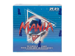 A 2025 Topps Chrome MLS Mania hobby box featuring a blue design and soccer graphics.