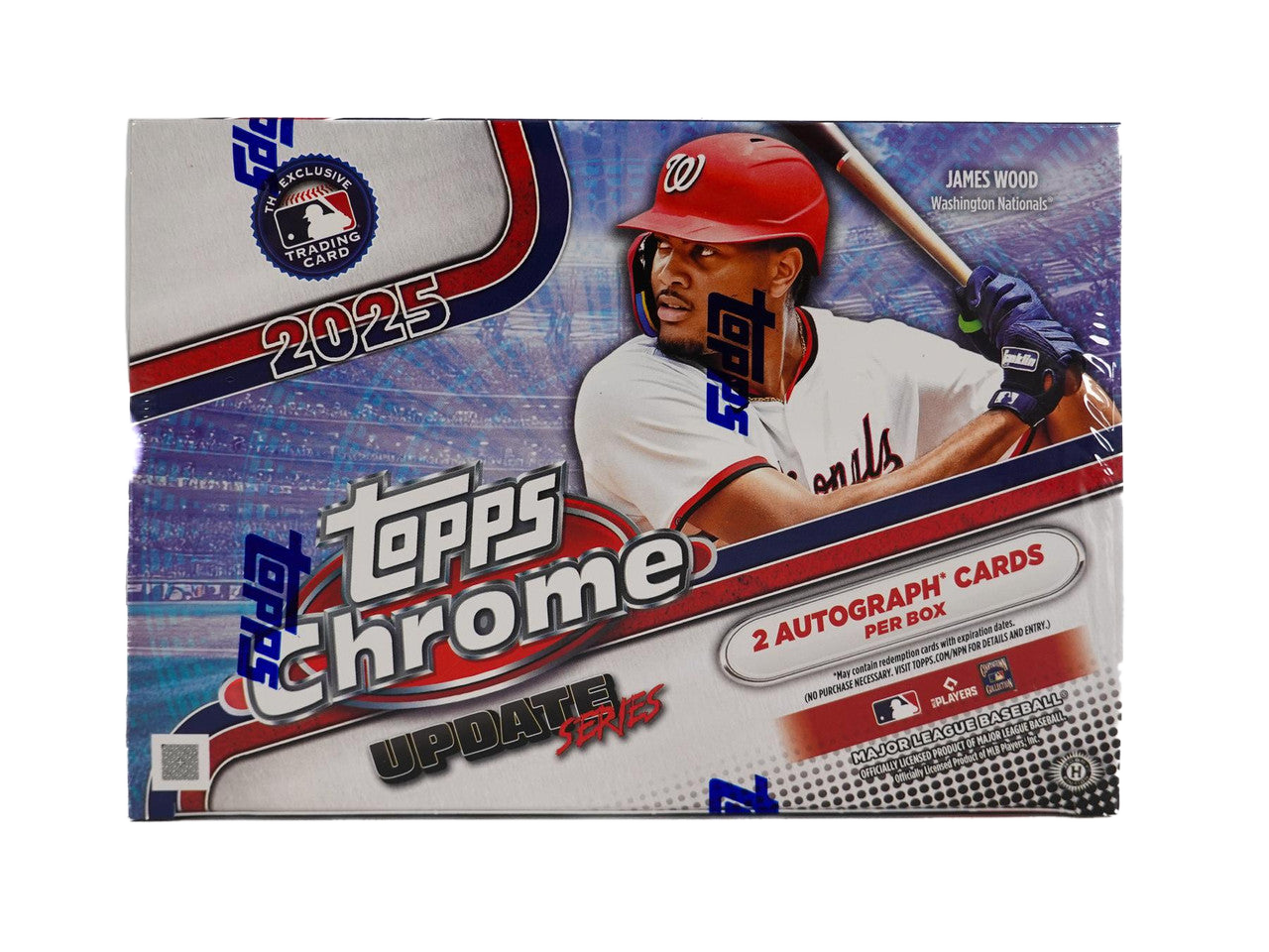 A 2025 Topps Chrome Update Series baseball hobby box featuring James Wood on the cover.