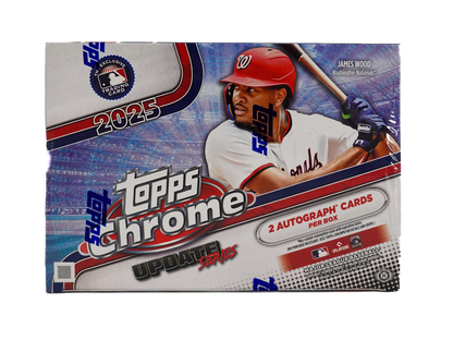 A 2025 Topps Chrome Update Series baseball hobby box featuring James Wood on the cover.