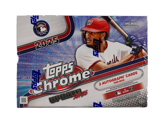 A 2025 Topps Chrome Update Series baseball hobby box featuring James Wood on the cover.