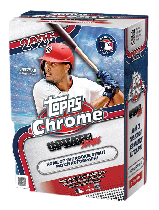 A 2025 Topps Chrome Update Series baseball value box featuring James Wood on the packaging.