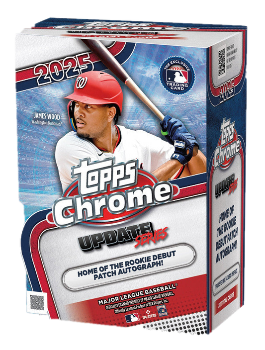 A 2025 Topps Chrome Update Series baseball value box featuring James Wood on the packaging.