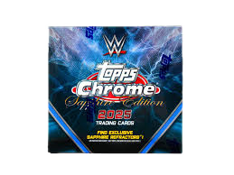A 2025 Topps Chrome WWE Sapphire Edition trading card box with blue lightning graphics.