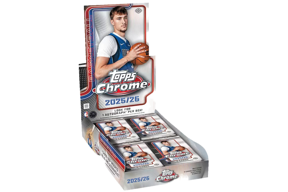 A 2025-26 Topps Chrome basketball hobby box containing twenty packs of trading cards.