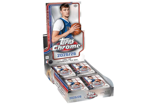 A 2025-26 Topps Chrome basketball hobby box containing twenty packs of trading cards.