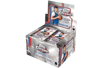 A 2025-26 Topps Chrome Basketball jumbo hobby box featuring Luka Doncic on the packaging.