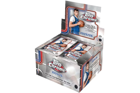 A 2025-26 Topps Chrome Basketball jumbo hobby box featuring Luka Doncic on the packaging.