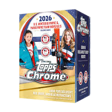 A 2026 Topps Chrome US Olympics value box featuring images of athletes on the packaging.