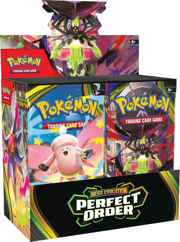 A Pokemon Perfect Order booster box featuring artwork of Eternatus and Tinkaton.