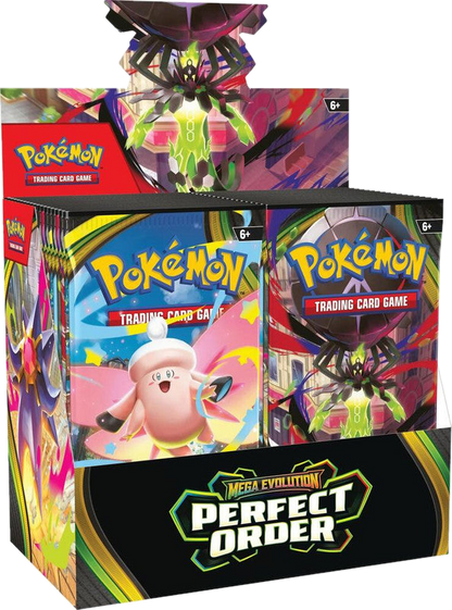 A Pokemon Perfect Order booster box featuring artwork of Eternatus and Tinkaton.