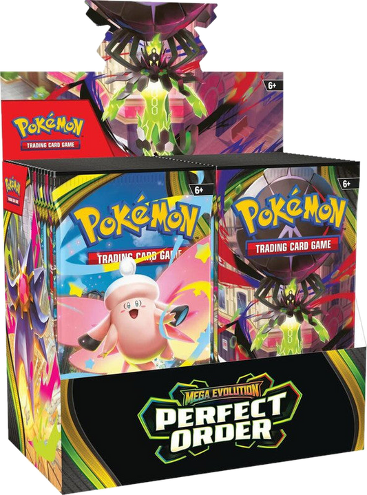 A Pokemon Perfect Order booster box featuring artwork of Eternatus and Tinkaton.