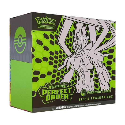 A Pokemon Center Elite Trainer Box featuring Zygarde on a green and black hexagonal background.