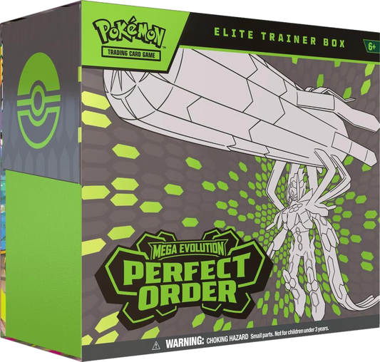 A Pokemon Perfect Order Elite Trainer Box featuring a stylized illustration of a robotic creature.