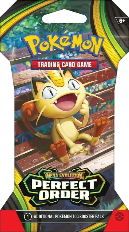 A Pokemon Perfect Order sleeved booster pack featuring an illustration of Meowth.