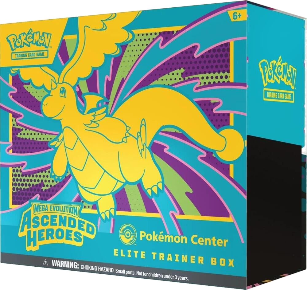 A Pokemon Center Elite Trainer Box featuring yellow Dragonite artwork on a teal and purple background.