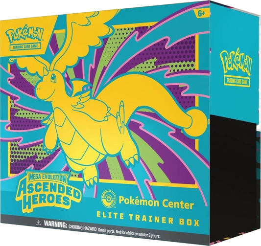 A Pokemon Center Elite Trainer Box featuring yellow Dragonite artwork on a teal and purple background.