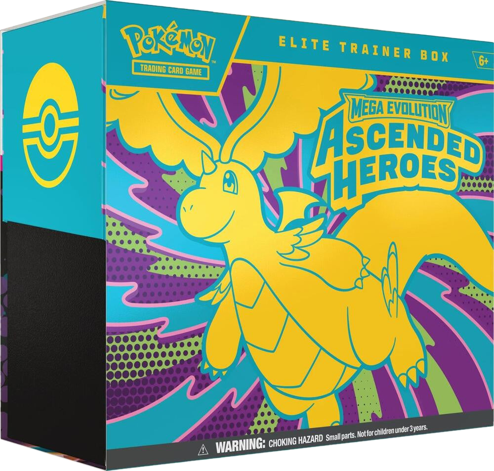 A Pokemon Ascended Heroes Elite Trainer Box featuring a yellow Dragonite illustration.