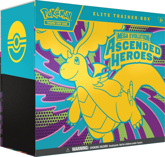 A Pokemon Ascended Heroes Elite Trainer Box featuring a yellow Dragonite illustration.