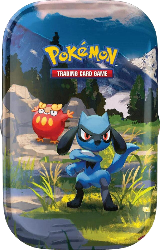 A Pokemon Ascended Heroes mini tin featuring Riolu and Darumaka artwork.