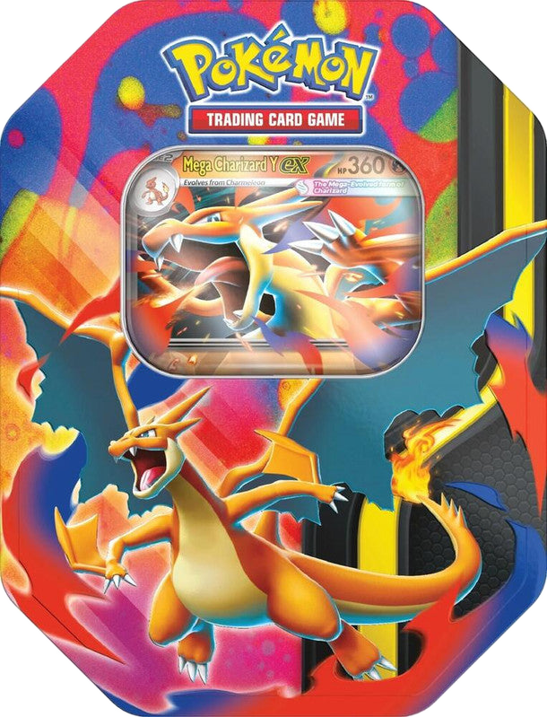 A Pokemon Trading Card Game tin featuring artwork of Mega Charizard Y.