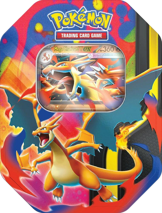 A Pokemon Trading Card Game tin featuring artwork of Mega Charizard Y.