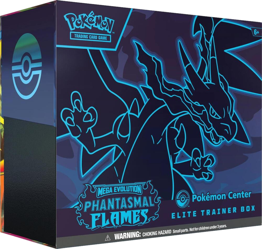 A dark blue Pokemon Center Elite Trainer Box featuring a glowing blue outline of Mega Charizard.