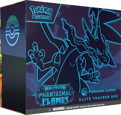 A dark blue Pokemon Center Elite Trainer Box featuring a glowing blue outline of Mega Charizard.