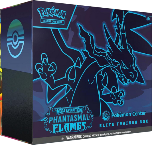 A dark blue Pokemon Center Elite Trainer Box featuring a glowing blue outline of Mega Charizard.