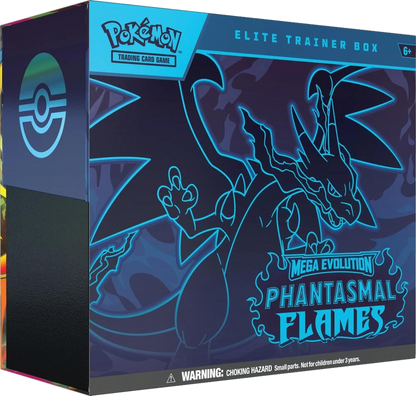 A Pokemon Phantasmal Flames Elite Trainer Box featuring a blue Mega Charizard illustration.