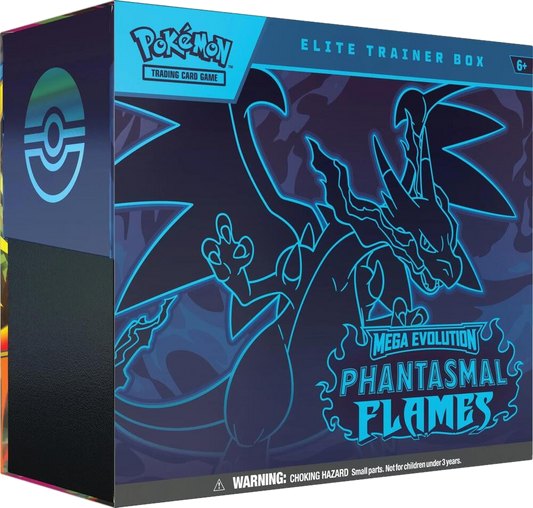 A Pokemon Phantasmal Flames Elite Trainer Box featuring a blue Mega Charizard illustration.