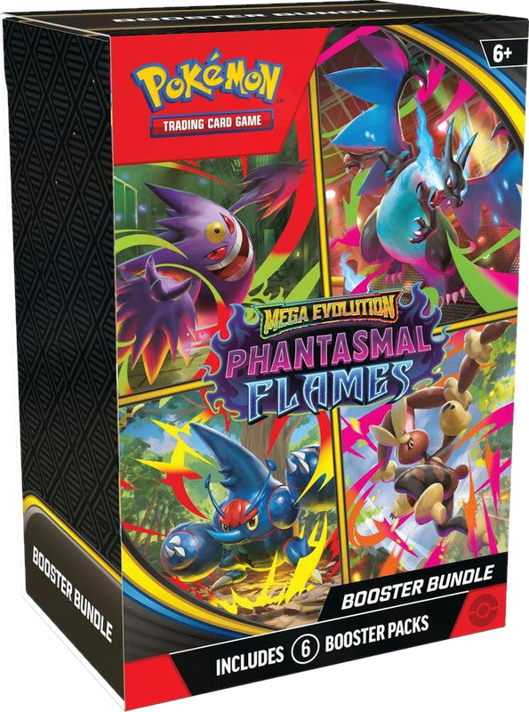 A Pokemon Phantasmal Flames booster bundle box featuring six packs and character artwork.