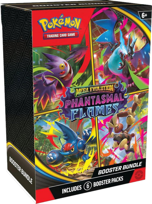A Pokemon Phantasmal Flames booster bundle box featuring six packs and character artwork.