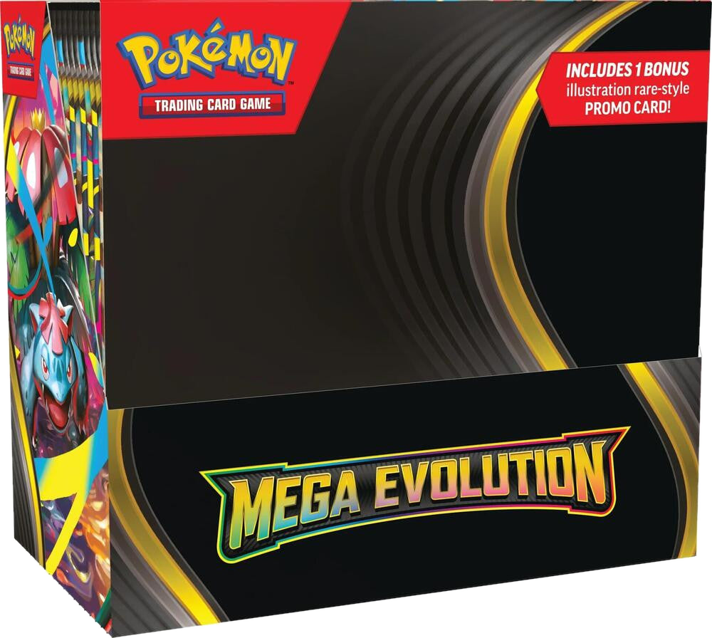 A Pokemon Mega Evolution booster box featuring artwork of Venusaur and other creatures.