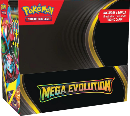 A Pokemon Mega Evolution booster box featuring artwork of Venusaur and other creatures.