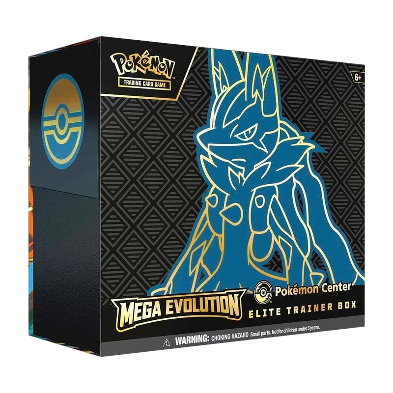 A black Pokemon Center Elite Trainer Box featuring a gold outline of Mega Lucario.